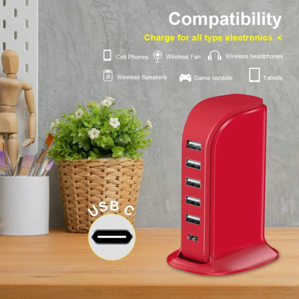 USB Phone Charger 6 Ports 40W , Type C Wall Charger Smart 6A, Charging Tower with 5Ft Power Cord, USB Power Adapter Fast Charging, Smart Home Device Charging Station, / Accessories - Image 5