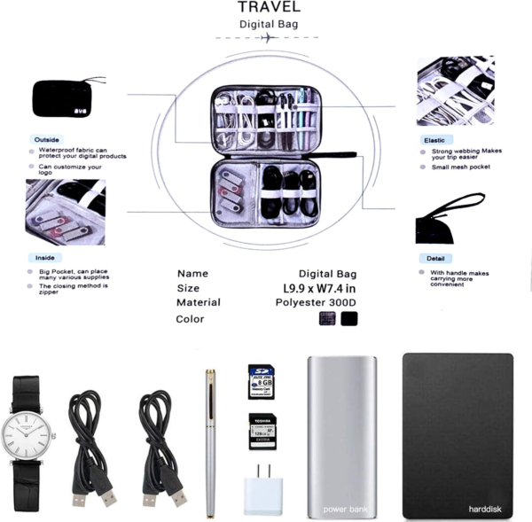 Electronic Organizer, Portable Cord Organizer, Travel Waterproof Electronic Storage Bag, for USB Cables, Chargers, Hard Drives, SD Cards and More - Image 2