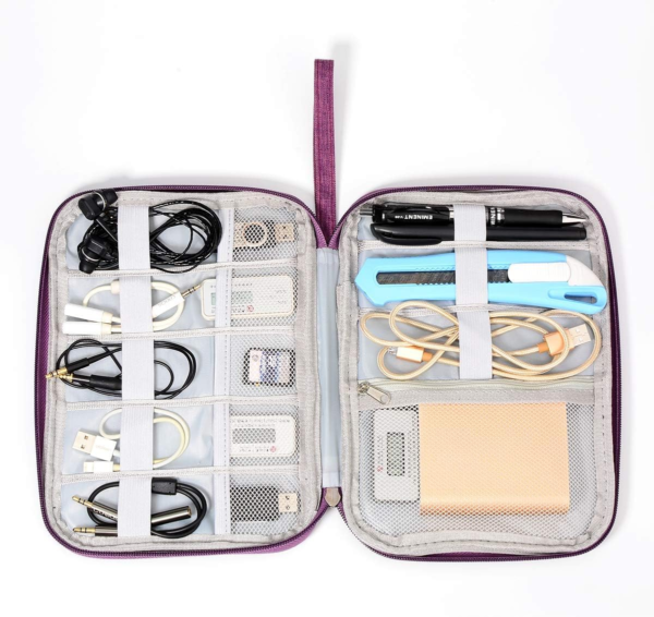 Electronics Organizer Bag Waterproof Carrying Pouch Travel Universal Cable Organizer Electronics Storage Bag Accessories Cases for Cord, Charger, Earphone, USB, SD Card (Purple)… - Image 4