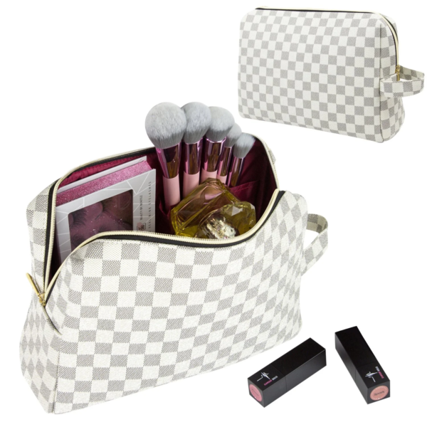 Makeup Bag Checkered Cosmetic Bag Large Travel Toiletry Organizer for Women,Cosmetics,Makeup Tools,Brown - Image 6