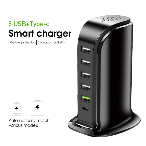 USB Phone Charger 6 Ports 40W , Type C Wall Charger Smart 6A, Charging Tower with 5Ft Power Cord, USB Power Adapter Fast Charging, Smart Home Device Charging Station, / Accessories