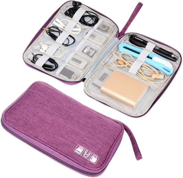 Electronics Organizer Bag Waterproof Carrying Pouch Travel Universal Cable Organizer Electronics Storage Bag Accessories Cases for Cord, Charger, Earphone, USB, SD Card (Purple)…