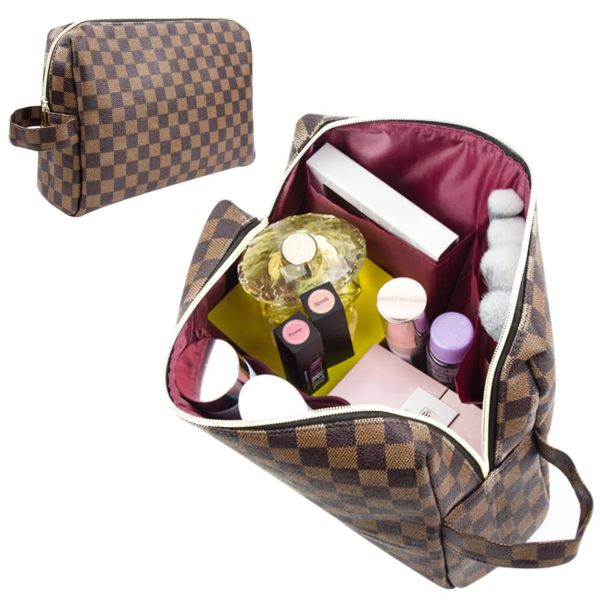 Makeup Bag Checkered Cosmetic Bag Large Travel Toiletry Organizer for Women,Cosmetics,Makeup Tools,Brown