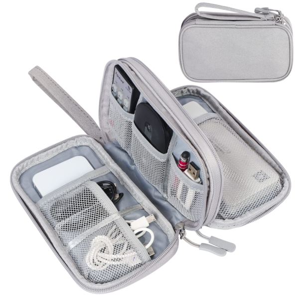 Travel Electronic Cable Storage Bag, Mail Bag Electronic Accessories Suitcase Portable Waterproof Double Storage Bag Cable, Wire, Charger, Phone, Headset, Medium Size, Gray