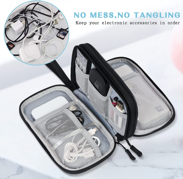 Travel Cable Organizer Pouch Electronic Accessories Carry Case Portable Waterproof Double Layers All-In-One Storage Bag for Cord, Charger, Phone, Earphone Black - Image 5