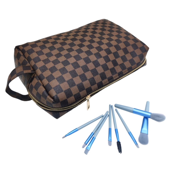 Makeup Bag Checkered Cosmetic Bag Large Travel Toiletry Organizer for Women,Cosmetics,Makeup Tools,Brown - Image 3