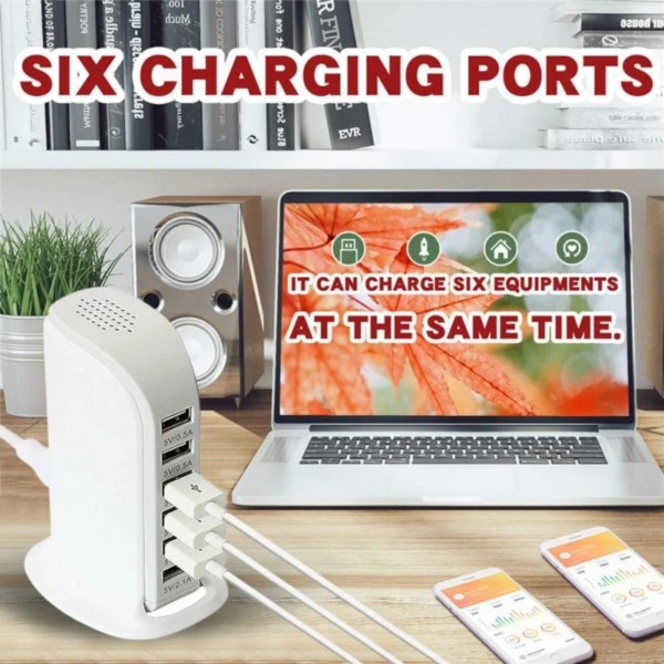 Multi-Device Charging Station, Usb Charging Hub 6-Port Fast Charging Station, Multi-Port Wall Charger Fast Charging 2.1A Tower Power Adapter Travel Charger Tablet Smartphone (White) - Image 4