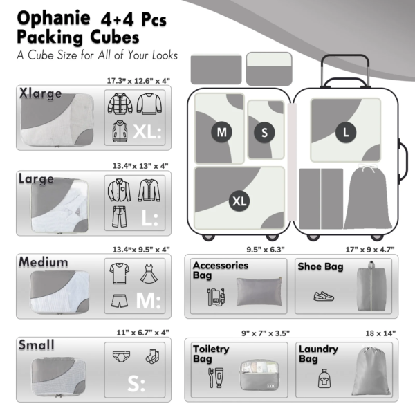 4+4 Set Packing Cubes, Travel Luggage Organizers ,Gray - Image 4