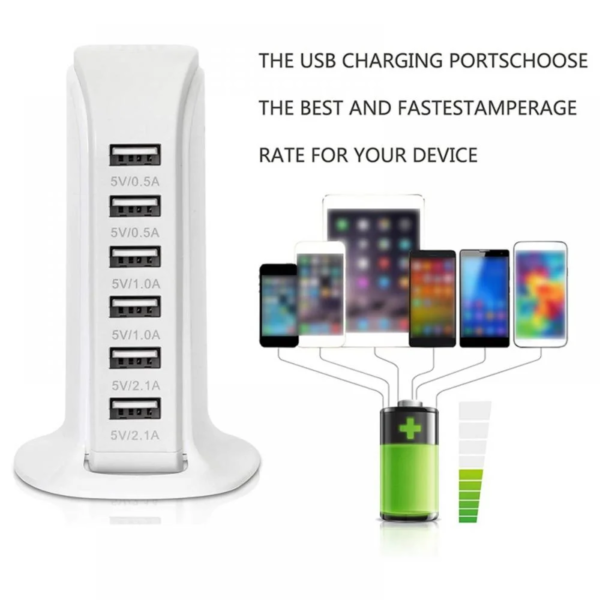 Multi-Device Charging Station, Usb Charging Hub 6-Port Fast Charging Station, Multi-Port Wall Charger Fast Charging 2.1A Tower Power Adapter Travel Charger Tablet Smartphone (White) - Image 3