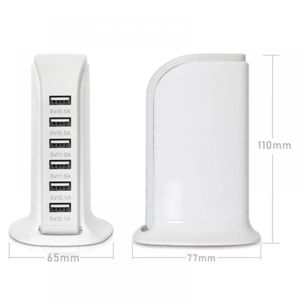 Multi-Device Charging Station, Usb Charging Hub 6-Port Fast Charging Station, Multi-Port Wall Charger Fast Charging 2.1A Tower Power Adapter Travel Charger Tablet Smartphone (White) - Image 5