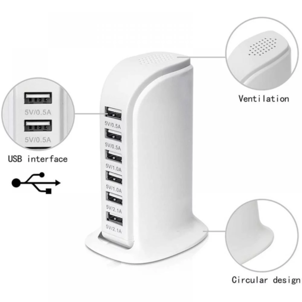 Multi-Device Charging Station, Usb Charging Hub 6-Port Fast Charging Station, Multi-Port Wall Charger Fast Charging 2.1A Tower Power Adapter Travel Charger Tablet Smartphone (White) - Image 2